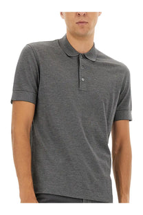 A dark gray textured Zegna men’s cotton blend polo shirt with classic collar and buttoned placket