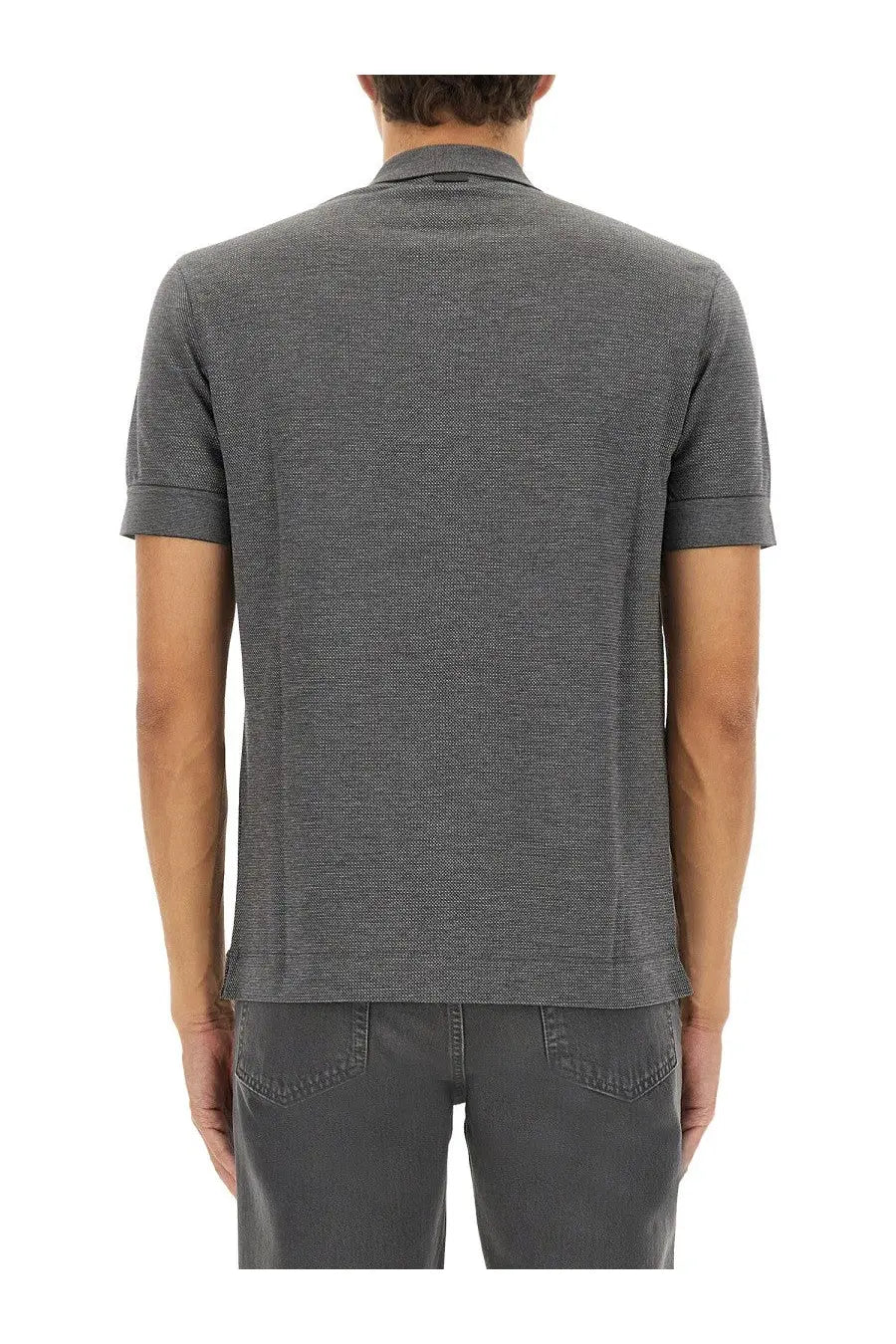 Zegna men’s grey cotton blend polo shirt with dark gray textured fabric woven pattern and ribbed cuffs