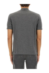 Zegna men’s grey cotton blend polo shirt with dark gray textured fabric woven pattern and ribbed cuffs