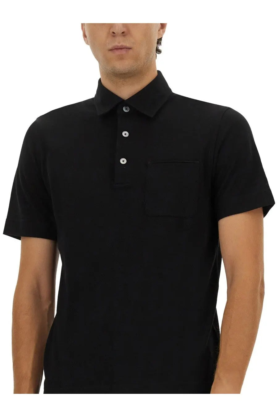 Zegna men’s black cotton polo shirt with short sleeves classic collar and three white buttons front view