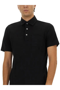 Zegna men’s black cotton polo shirt with short sleeves classic collar and three white buttons front view
