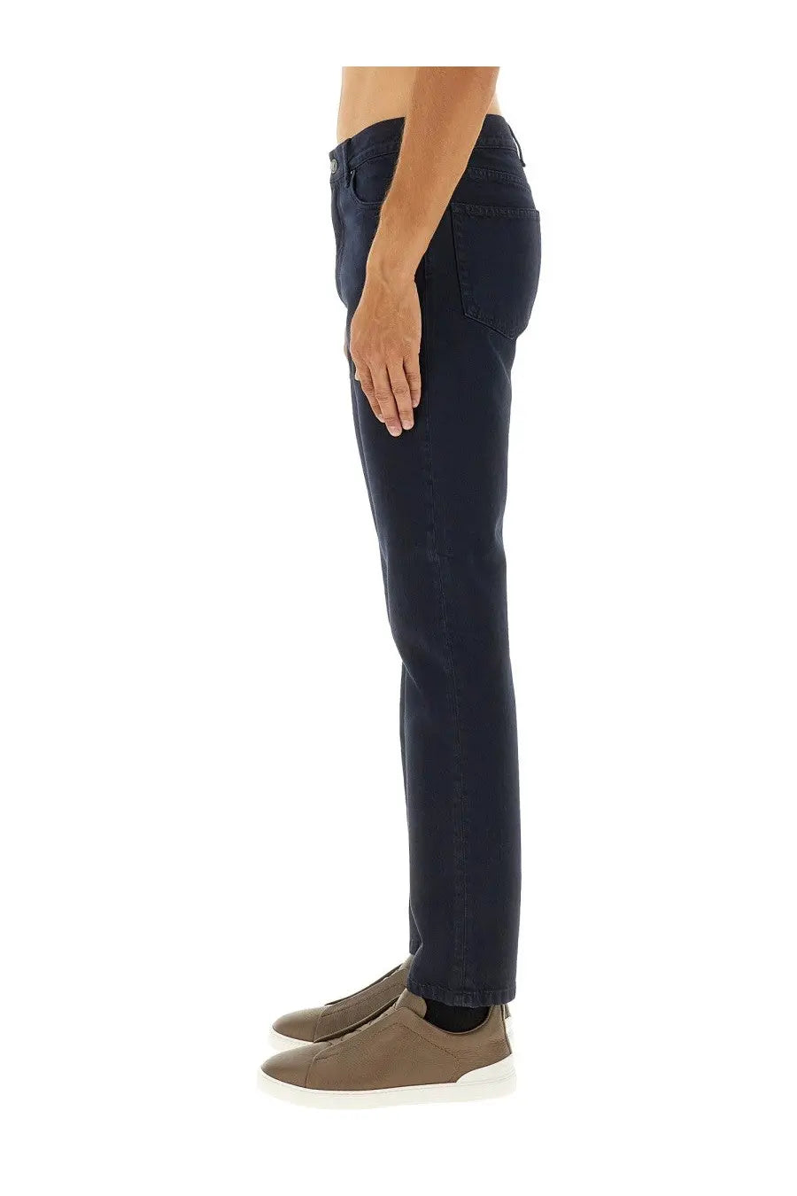 Zegna men’s dark indigo denim pants in slim fit with classic five-pocket design and black color material