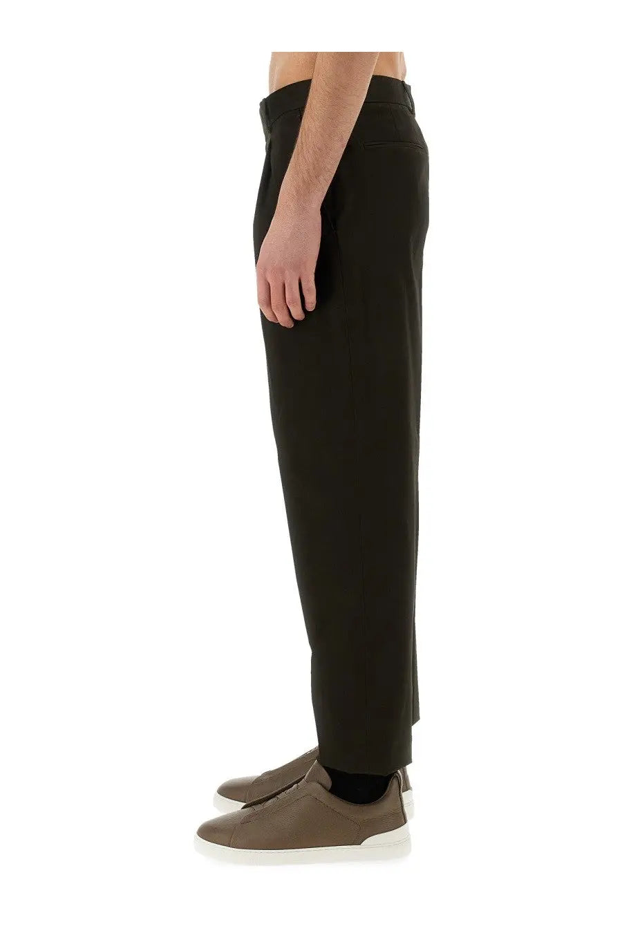 Zegna men’s black tailored trousers with a sleek straight-leg cut and subtle pleats at the waistband
