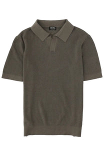Zegna men’s polo jacquard in grey featuring an olive green knit short sleeve polo with classic collar and brand tag