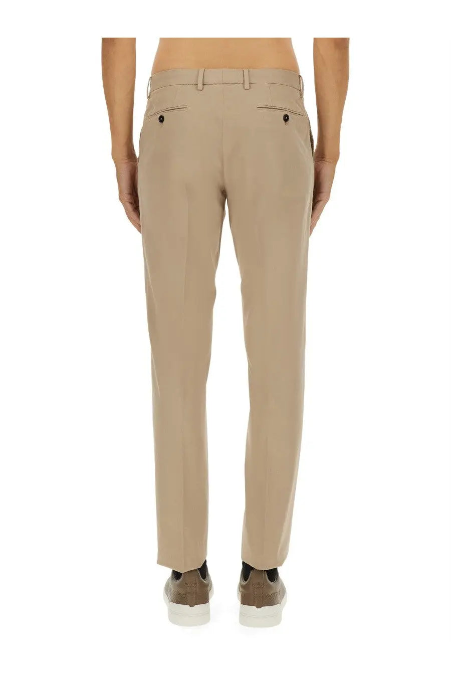 Beige zegna men’s premium cotton tailored trousers with a sleek straight-leg cut and subtle back pleats shown from the back
