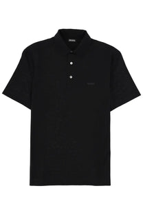 Zegna men’s regular fit black polo shirt with subtle textured weave and two white buttons in short sleeves