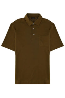 Zegna men’s regular fit olive green polo shirt with classic collar three-button placket and chest pocket