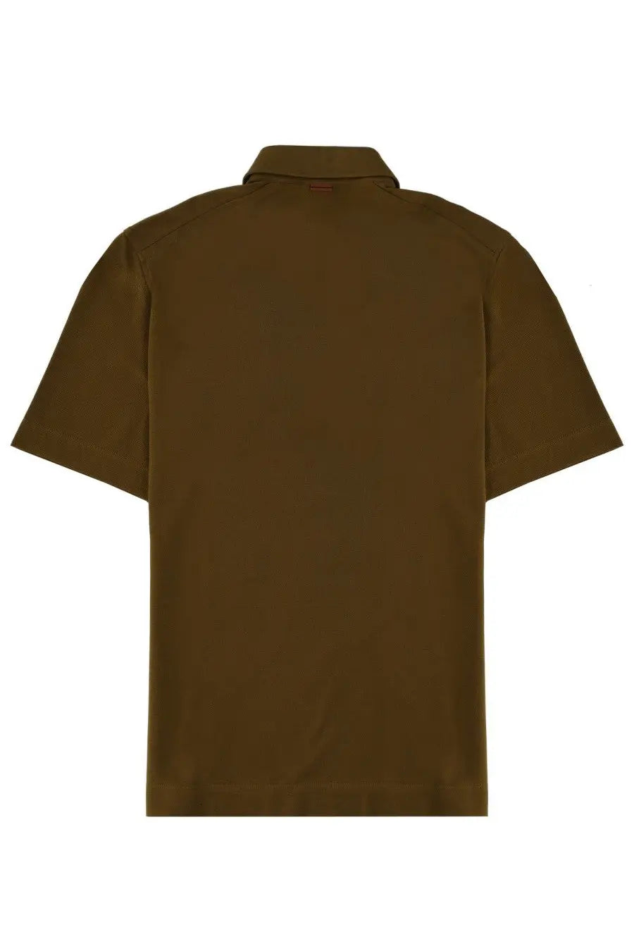 A sleek olive-green zegna men’s regular fit polo shirt with short sleeves, classic collar, and subtle stitching details