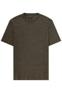 Olive green short-sleeved crew neck t-shirt with subtle heathered texture and black tag by Zegna in lino green