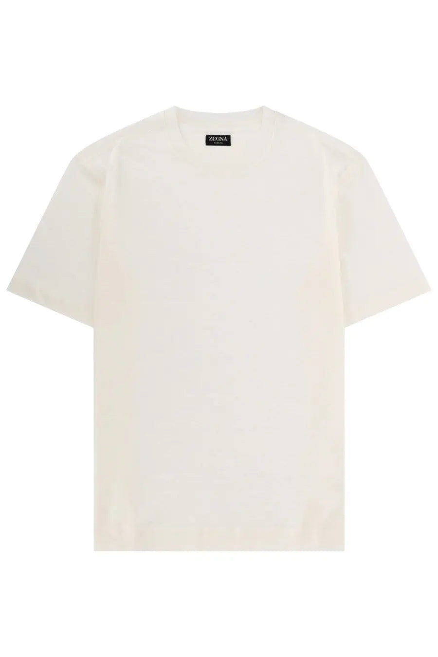 Zegna men’s minimalist off-white cotton shirt oasi in lino white with crew neck short sleeves and black brand tag at collar