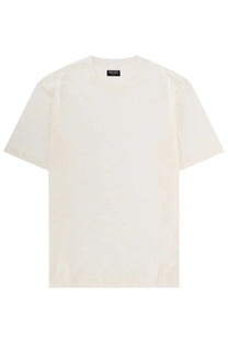 Zegna men’s minimalist off-white cotton shirt oasi in lino white with crew neck short sleeves and black brand tag at collar
