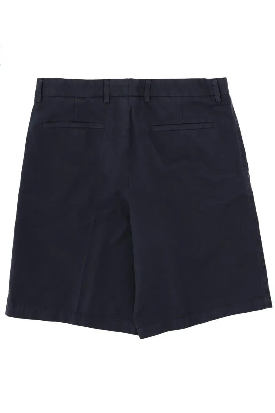 Dark navy blue tailored cotone shorts for men by zegna with belt loops and two back pockets shown from the back side