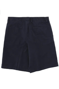 Dark navy blue tailored cotone shorts for men by zegna with belt loops and two back pockets shown from the back side