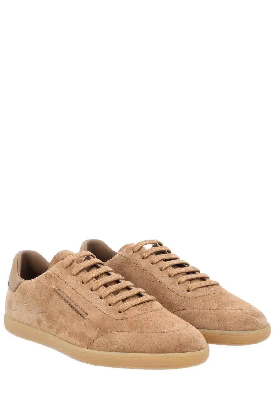 Zegna men’s sneaker beige low-top tan suede with matching laces and light beige rubber sole