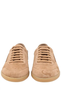Zegna men’s sneaker beige tan suede low-top with matching laces and gum-colored rubber sole