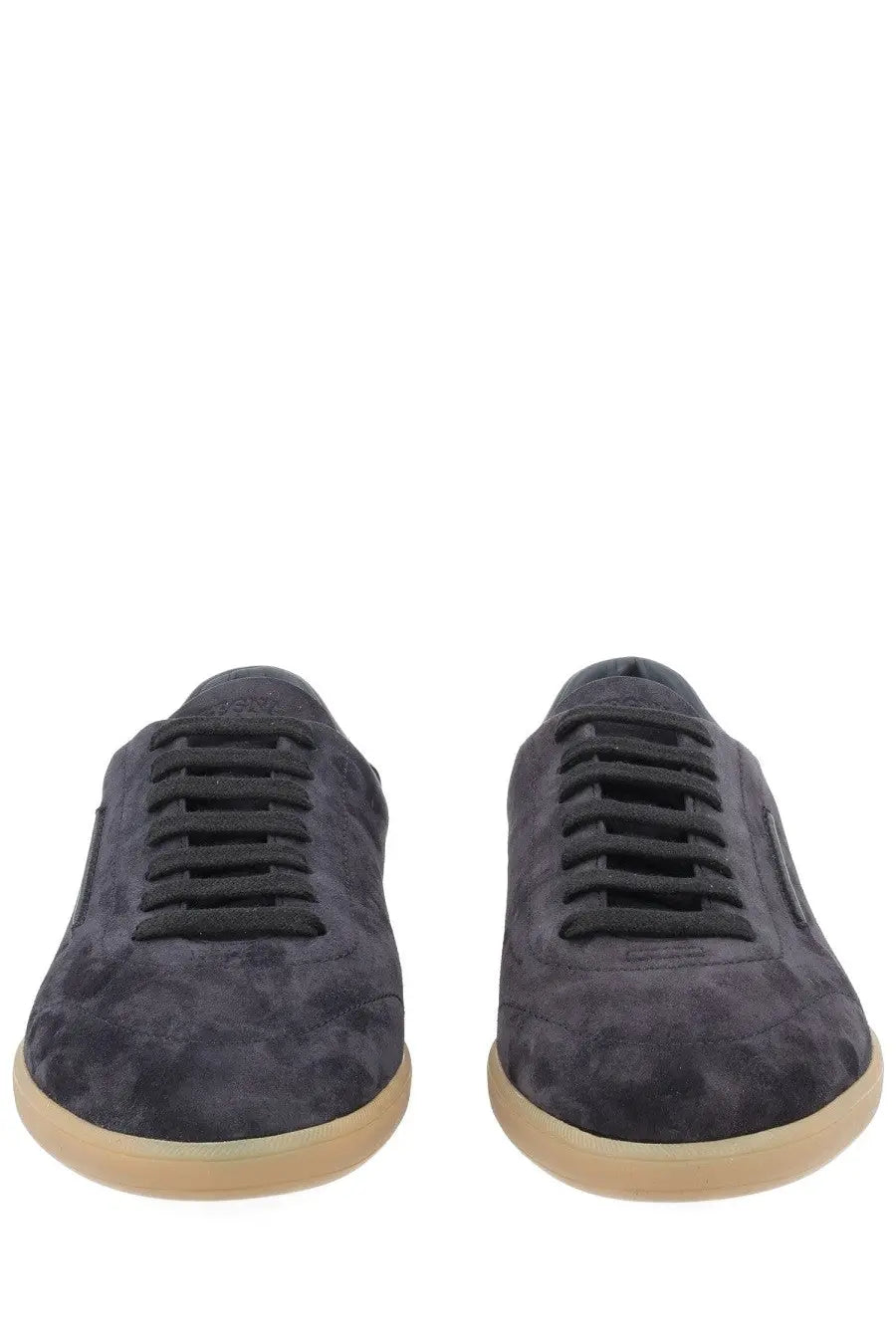 Zegna men’s sneaker brown dark gray suede with black laces and light beige rubber sole front view