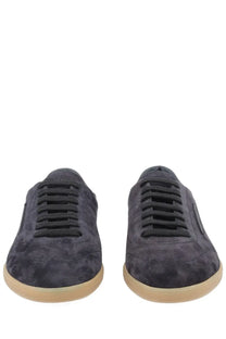Zegna men’s sneaker brown dark gray suede with black laces and light beige rubber sole front view