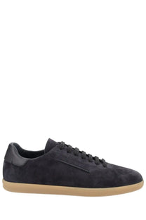 Zegna men’s sneaker brown featuring dark navy suede low-top design with tan rubber sole and black laces