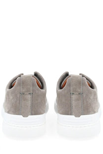 Zegna men’s sneaker grey featuring gray suede low-top design with white rubber soles for casual wear