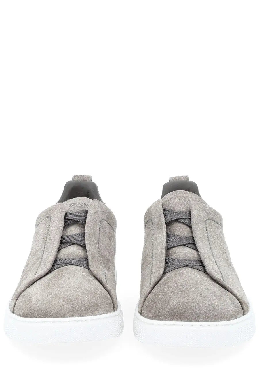 Zegna men’s sneaker grey in gray suede with dark gray laces and white rubber sole slip-on design