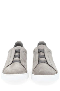 Zegna men’s sneaker grey in gray suede with dark gray laces and white rubber sole slip-on design