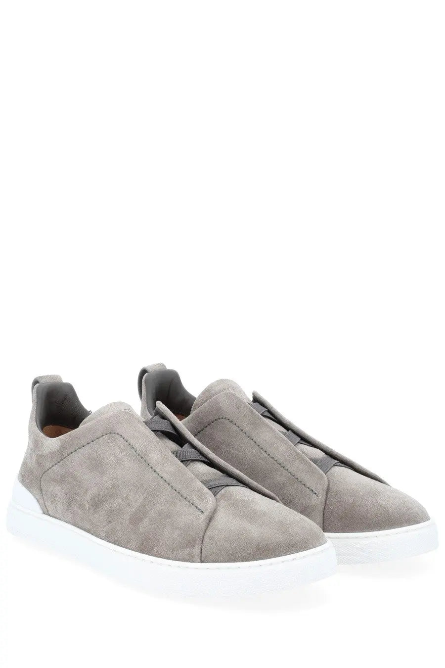 Zegna men’s sneaker grey suede slip-on with white rubber sole and subtle tonal stitching