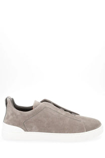 Zegna men’s gray slip-on sneaker made of suede with a white rubber sole for casual wear