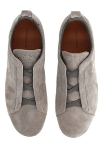 Zegna men’s sneaker grey featuring gray suede material with a sleek minimalist design and dark gray laces