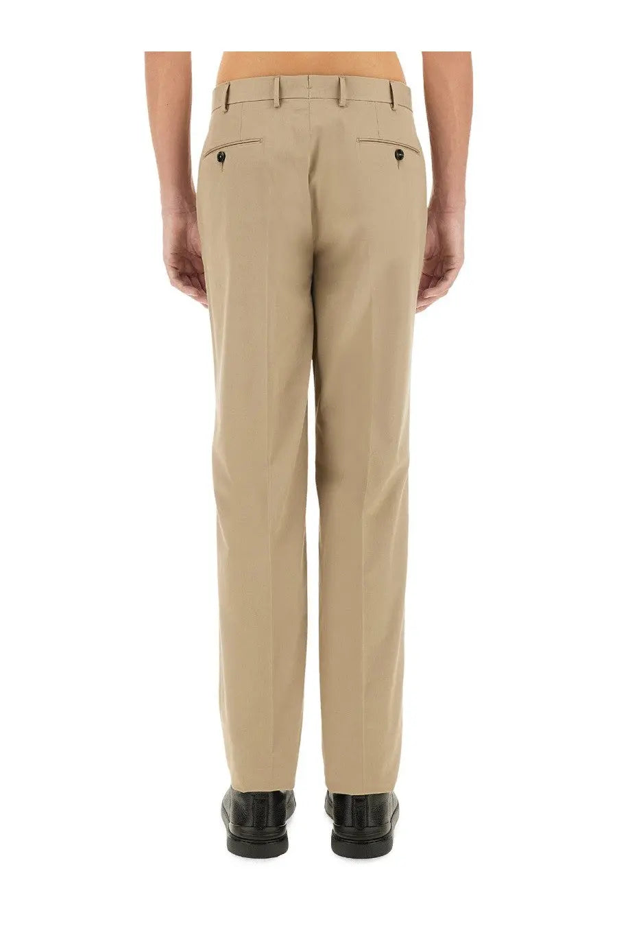 Beige khaki tailored zegna men’s straight leg dress pants shown from the back with buttoned rear pockets