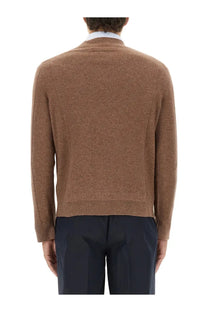 Zegna men’s camel-colored wool and cashmere sweater with subtle textured knit and ribbed cuffs