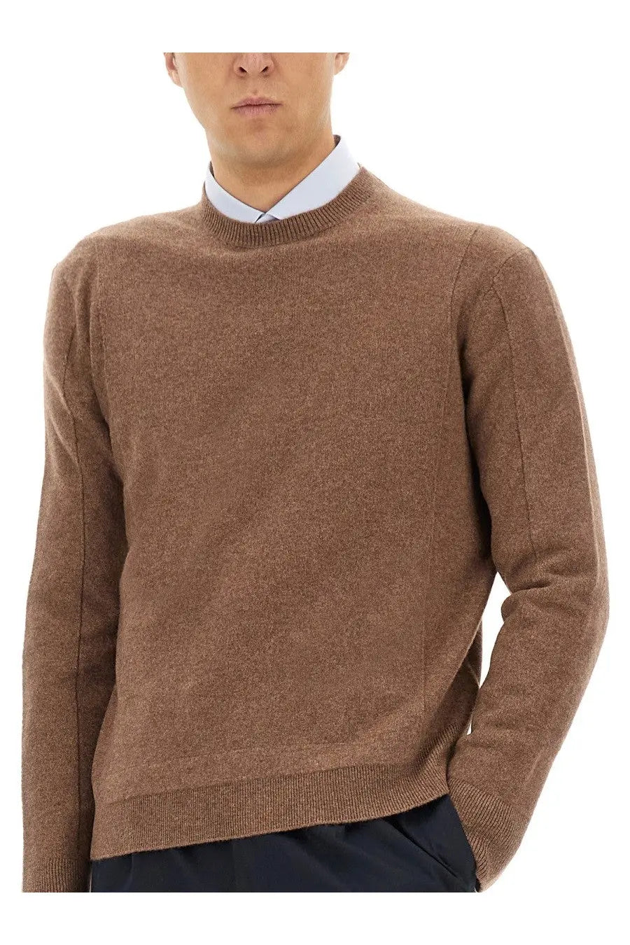 Zegna men’s wool and cashmere sweater brown soft heathered camel color with classic crew neck and ribbed cuffs