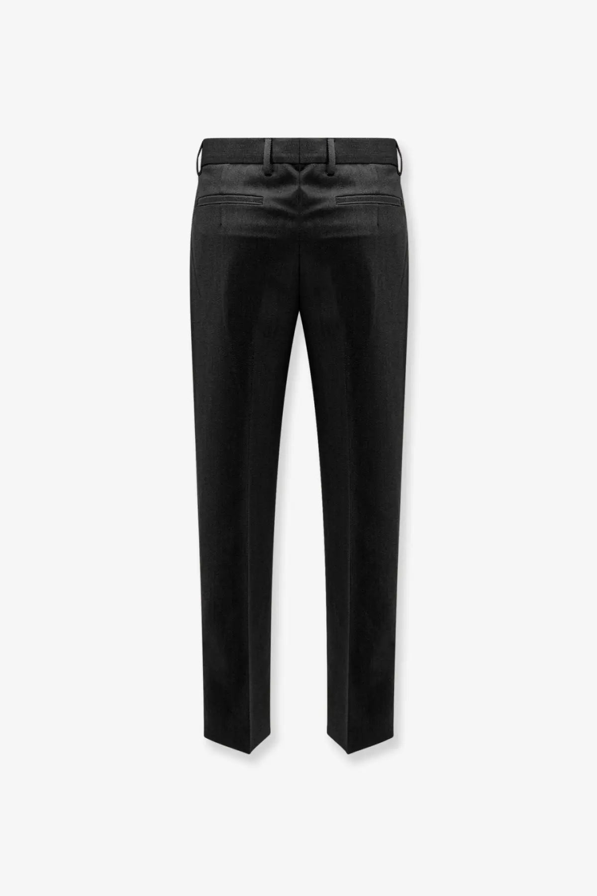 Black satin trousers with a sleek tailored fit and subtle back pockets shown from the back side
