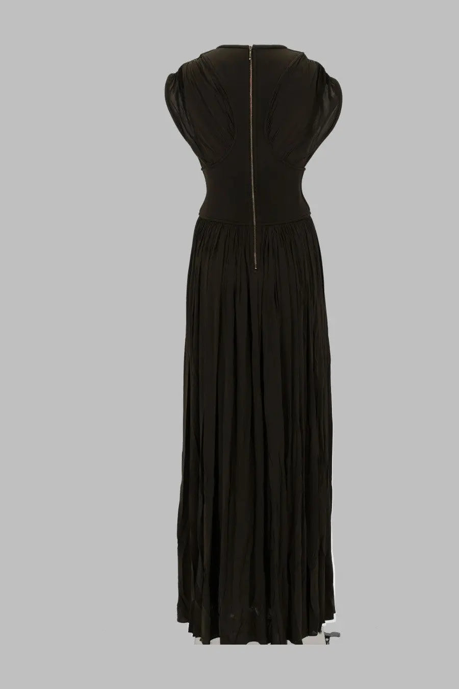 Zimmermann women’s abito colonna luna green black pleated maxi dress with fitted bodice and sheer short sleeves