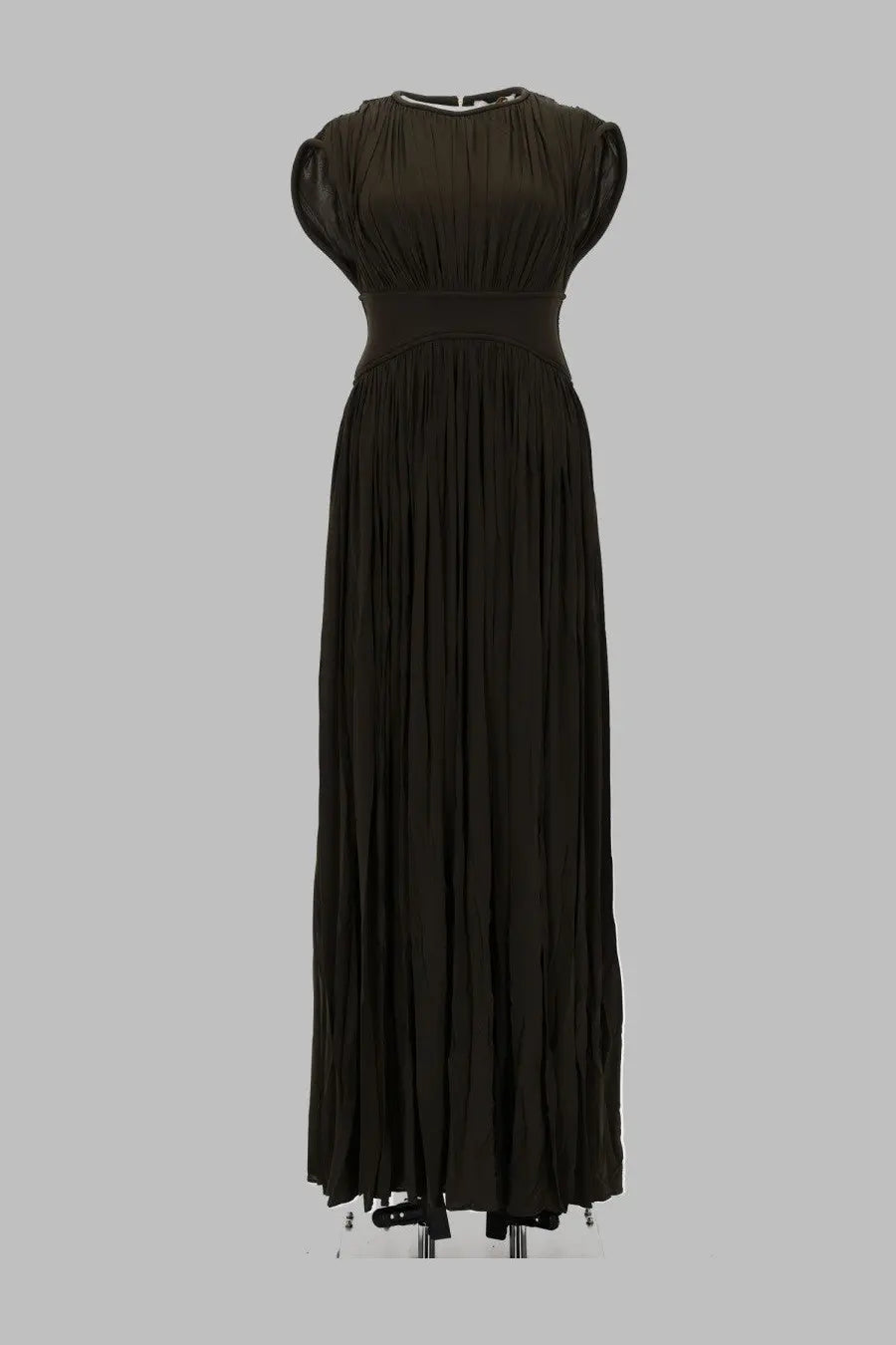 Zimmermann women’s abito colonna luna green sleek black maxi dress with fitted bodice sheer sleeves and pleated skirt