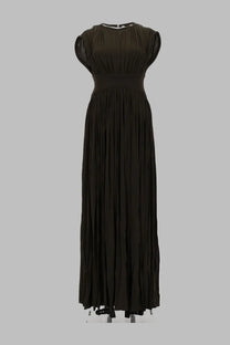 Zimmermann women’s abito colonna luna green sleek black maxi dress with fitted bodice sheer sleeves and pleated skirt