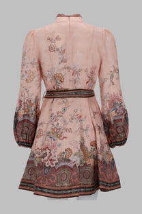 Zimmermann women’s abito corto con bottoni alchemy blue pink floral dress with long sleeves and embroidered hemline