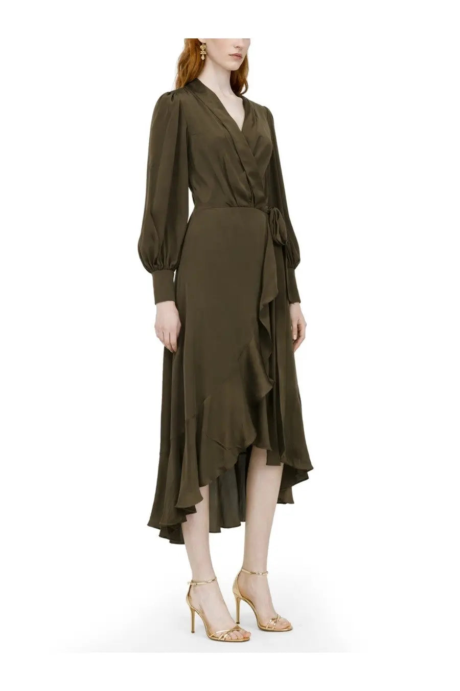 Zimmermann women’s abito midi flowing olive green satin wrap dress with long puffed sleeves and ruffled hemline