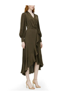 Zimmermann women’s abito midi flowing olive green satin wrap dress with long puffed sleeves and ruffled hemline