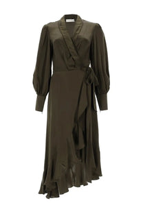 Zimmermann women’s olive green satin wrap midi dress with puffed sleeves and ruffled asymmetrical hem