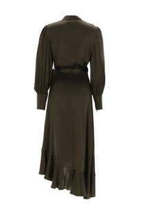 A sleek olive green satin wrap dress with puffed sleeves and ruffled hem by Zimmermann Women’s Abito Midi in Seta Green