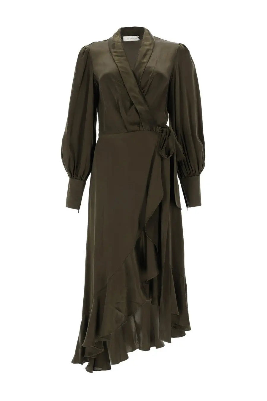 Zimmermann women’s abito midi olive green satin wrap dress with puffed sleeves and ruffled asymmetrical hem