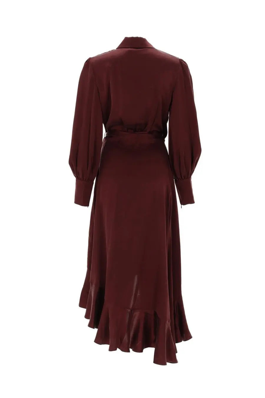 Zimmermann women’s abito midi rich burgundy satin dress with fitted waist long puffed sleeves and asymmetrical ruffled hem
