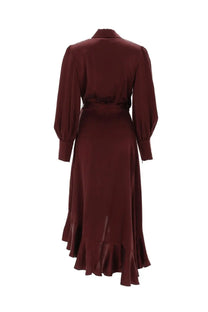 Zimmermann women’s abito midi rich burgundy satin dress with fitted waist long puffed sleeves and asymmetrical ruffled hem