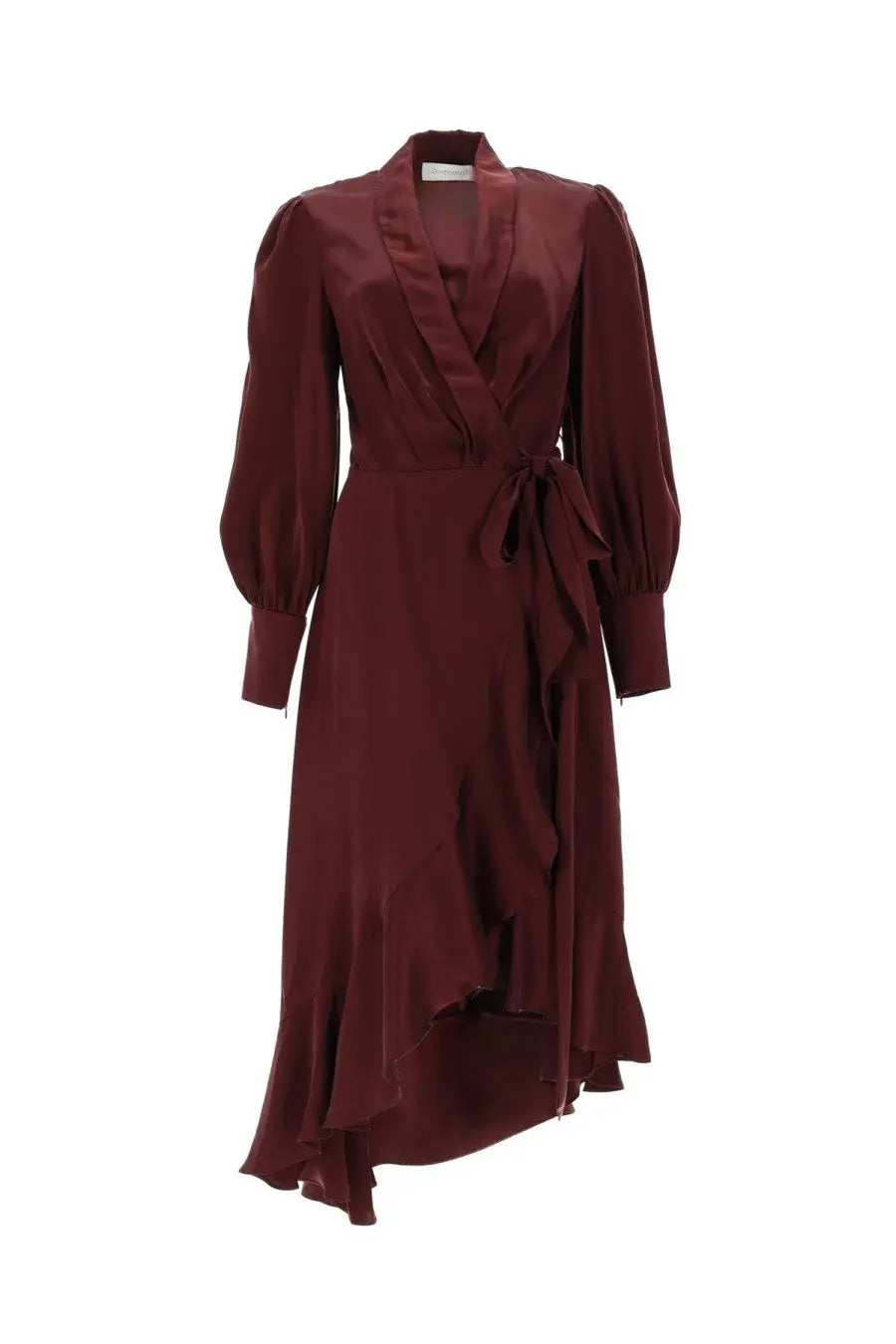 Zimmermann women’s abito midi rich burgundy satin wrap dress with puffed sleeves and belted waist in seta red