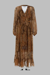Zimmermann women’s abito pipistrello carousel beige flowing long sleeved maxi dress with brown gold paisley print and tiered ruffles