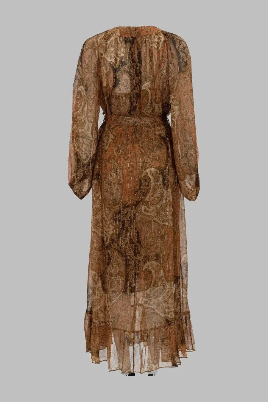 Zimmermann women’s abito pipistrello carousel beige flowing long-sleeved midi dress in sheer brown beige paisley fabric with belt