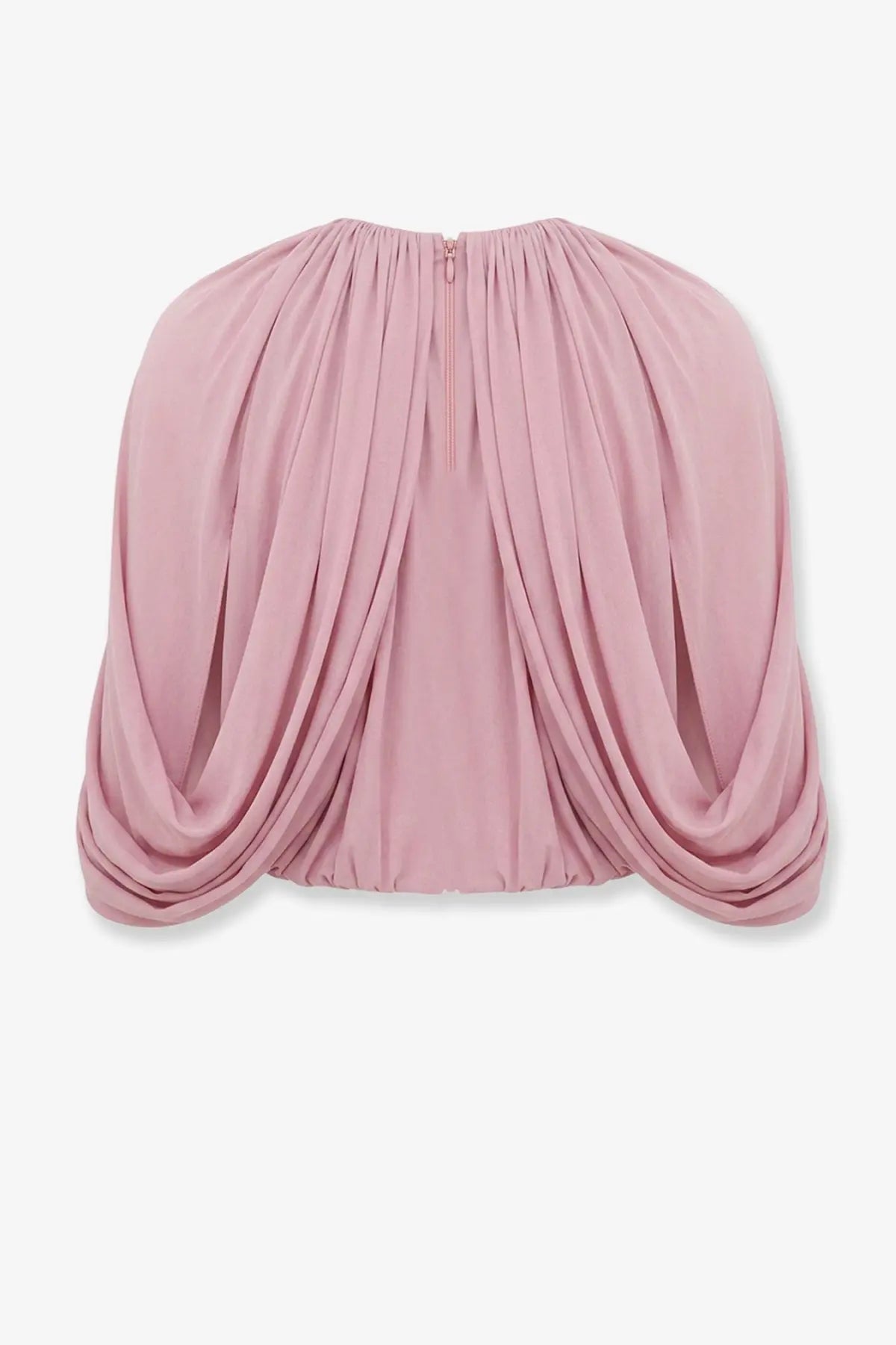 Zimmermann women’s alchemy cropped top blue shown from the back soft pink chiffon with dramatic draped sleeves and zipper
