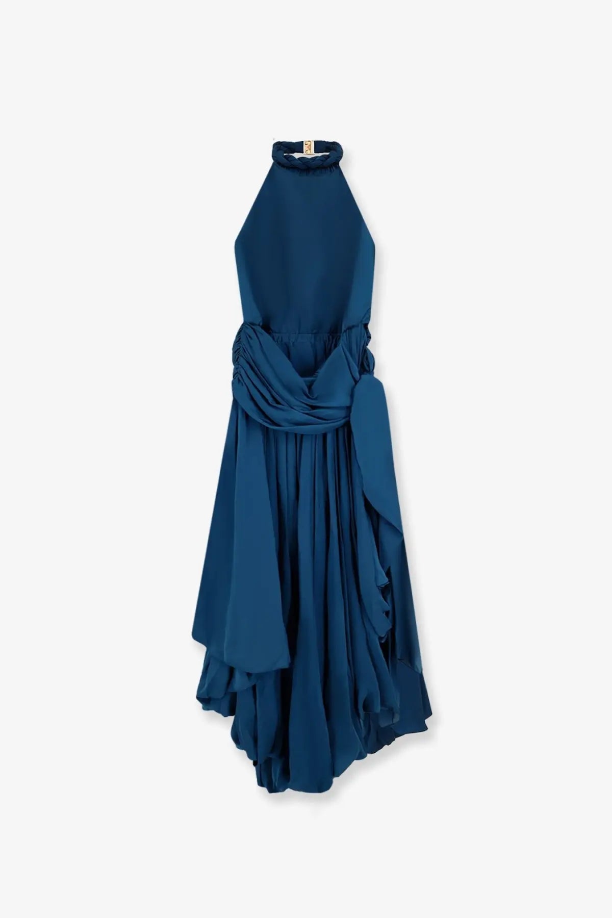 Zimmermann women’s alchemy halter silk dress in deep blue with draped ruffled waist and flowing skirt