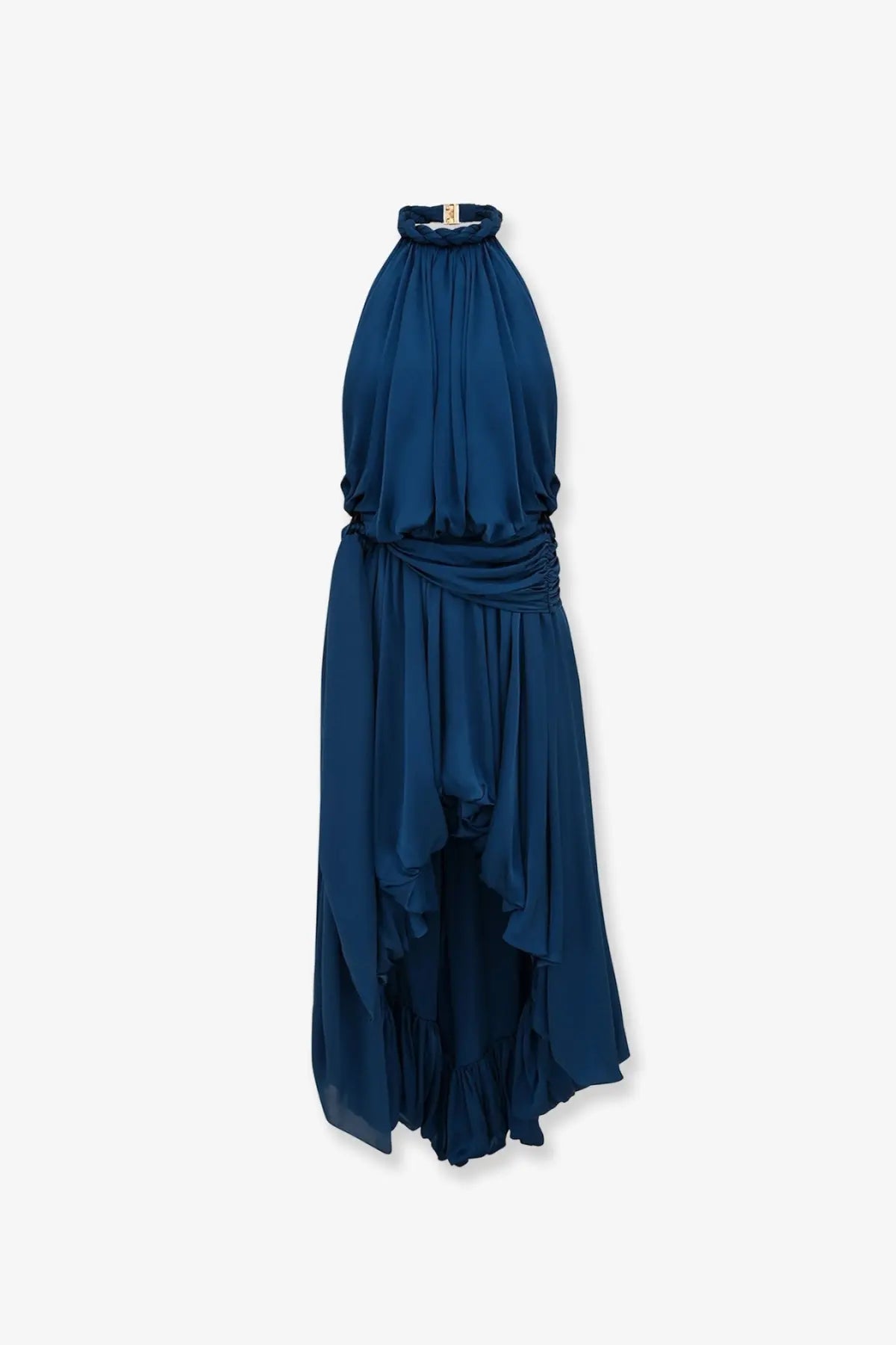 Zimmermann women’s alchemy halter silk dress blue flowing navy blue with draped waist and asymmetrical ruffled hem