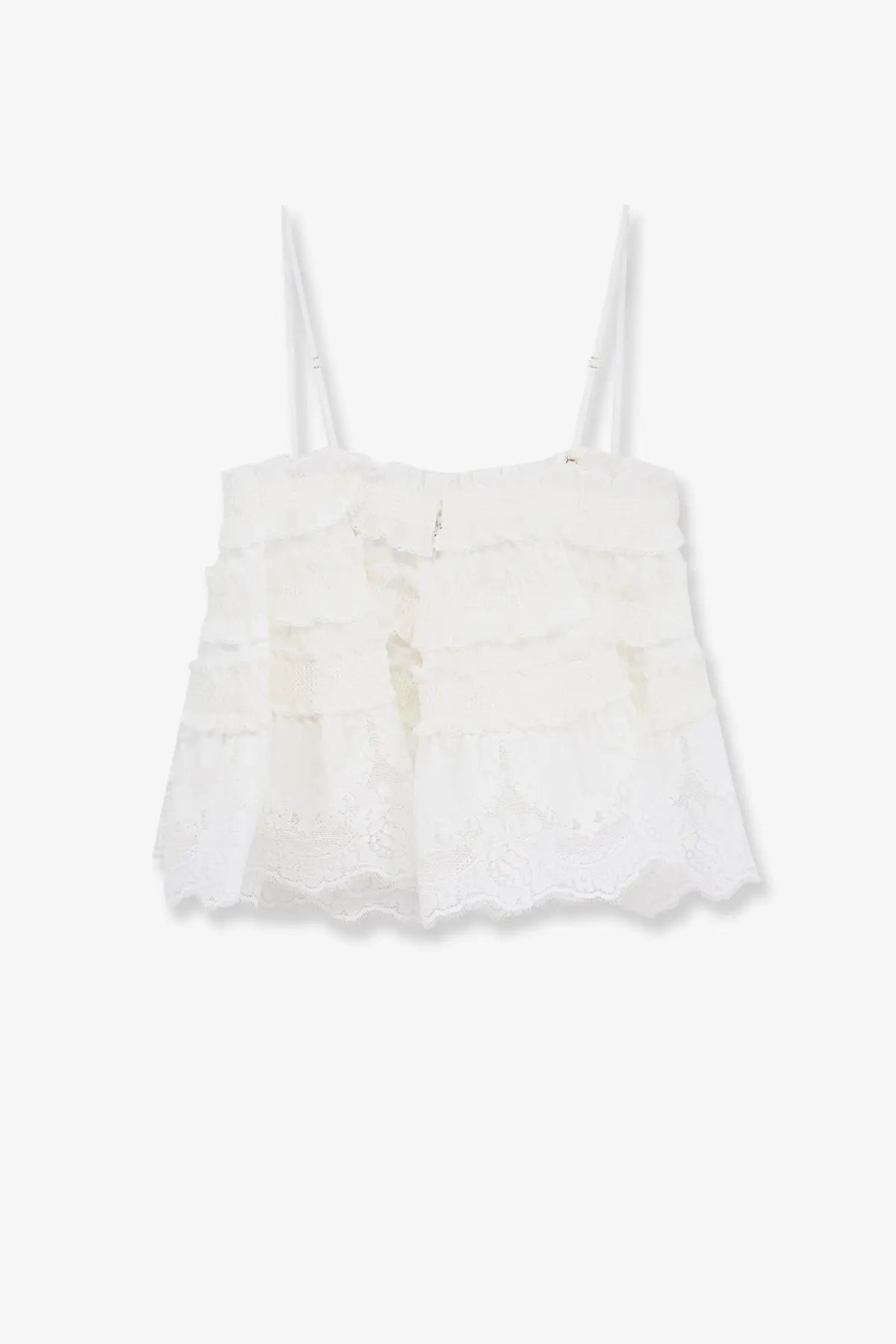 Zimmermann women’s alchemy white lace ruffled camisole top with thin spaghetti straps and shirred bandeau detail